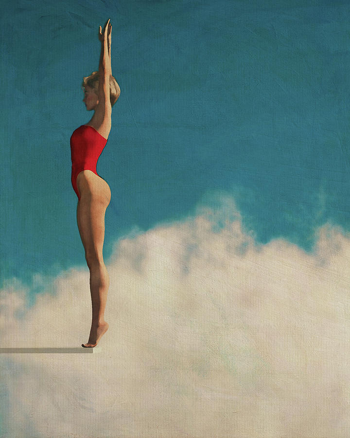 Painting of a woman ready to dive into the clouds Digital Art by Jan Keteleer