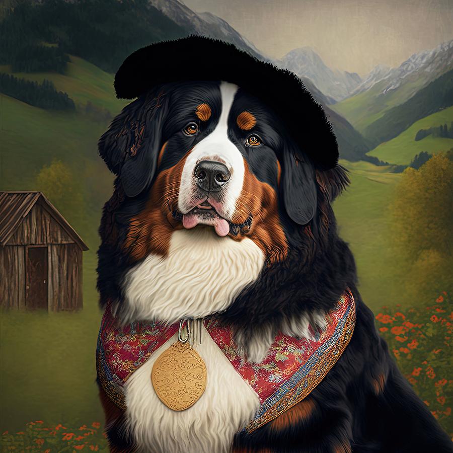 Painting of Bernese Mountain Dog dressed in costume Painting by Vincent Monozlay