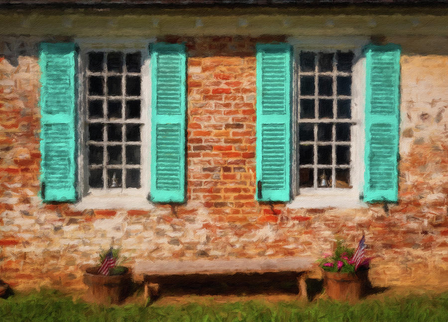Painting of blue shutters against a white painted brick wall in  Photograph by Steven Heap