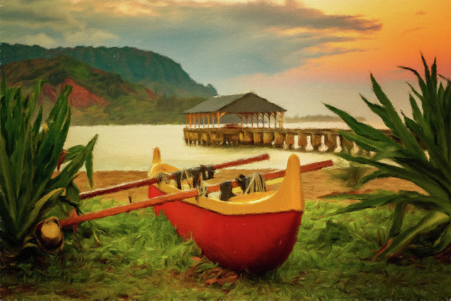 Painting of Hawaiian canoe by Hanalei Pier Photograph by Steven Heap