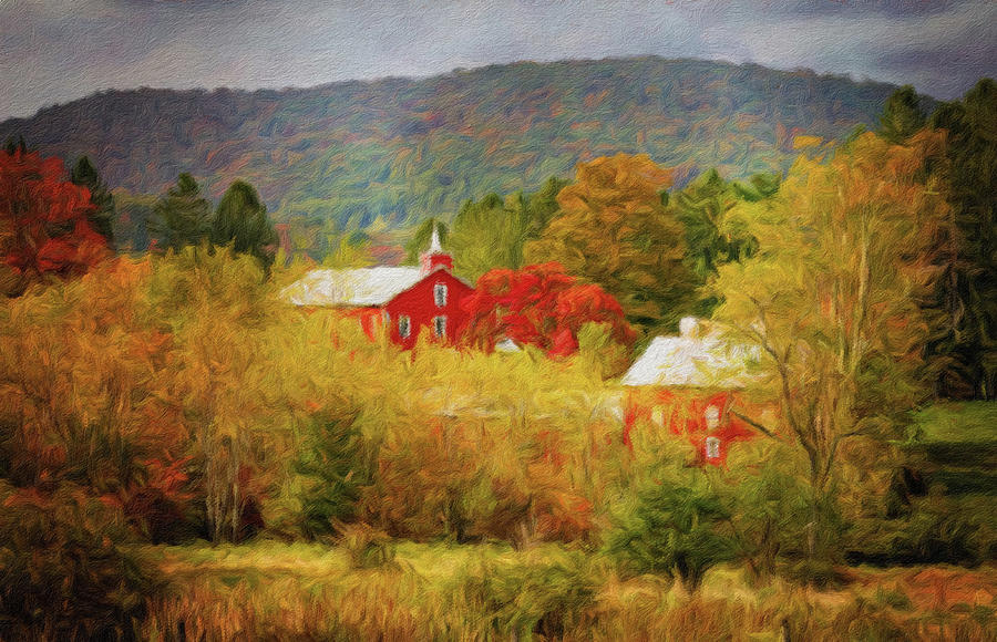 Painting of historic red barn nestled in fall colors in West Vir Photograph by Steven Heap