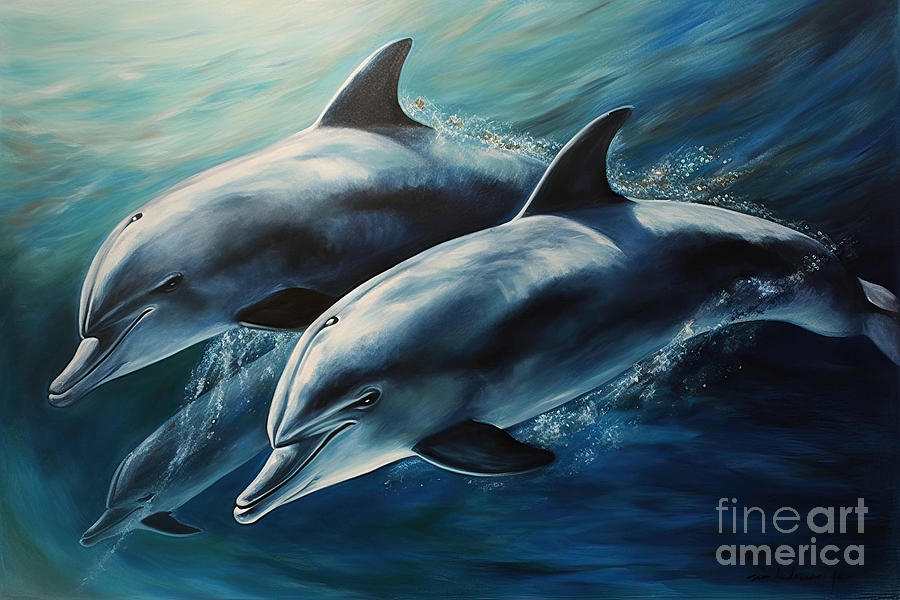 Nature Painting - Painting of three dolphins underwater oil on canvas by N Akkash