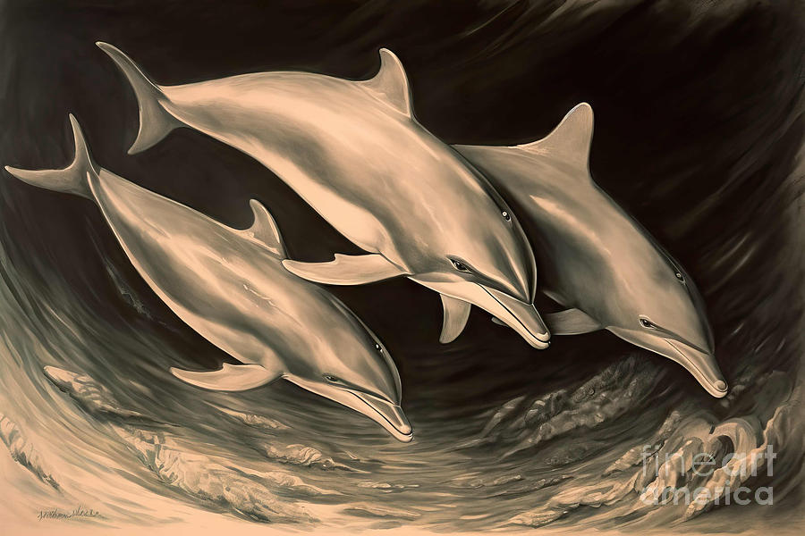 Nature Painting - Painting of three dolphins underwater oil on canvas on sepia by N Akkash