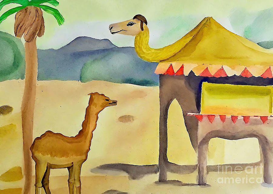 Nature Painting - Painting Old Town desert camel illustration art b by N Akkash