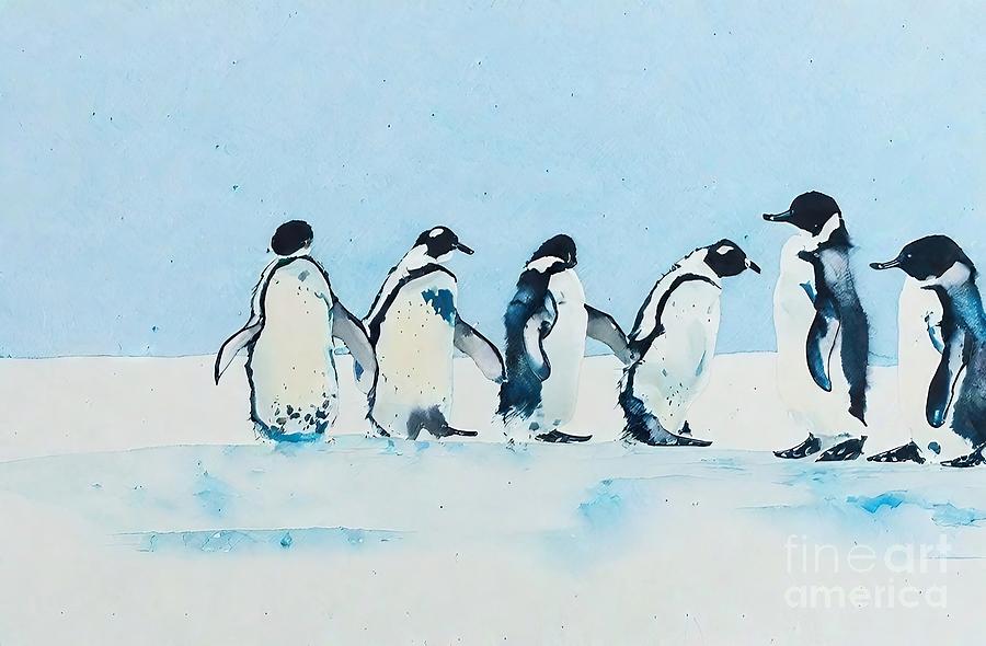 Nature Painting - Painting On The Way  image cute bird penguins nat by N Akkash