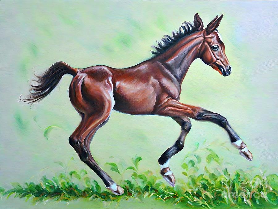 Nature Painting - Painting Playing Foal background horse animal ill by N Akkash