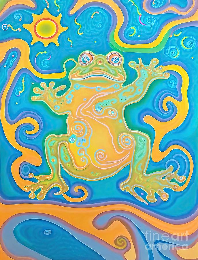 Abstract Painting - Painting Psychedelic Rainbow Frog pattern art bac by N Akkash