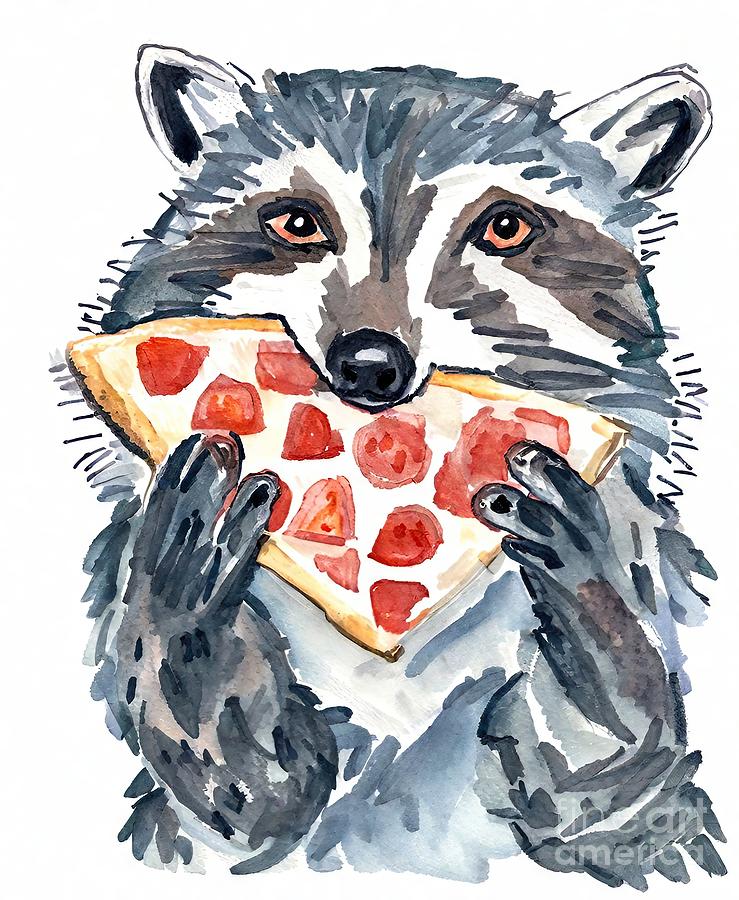 Nature Painting - Painting Raccoon Pizza Watercolor Painting animal by N Akkash