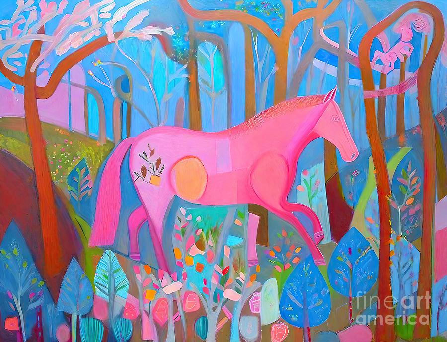 Nature Painting - Painting Red Horse In The Woods illustration art  by N Akkash