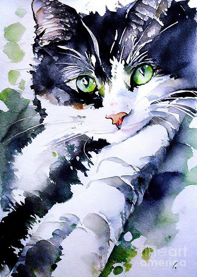 Nature Painting - Painting Resting Cat cute animal portrait cat ill by N Akkash