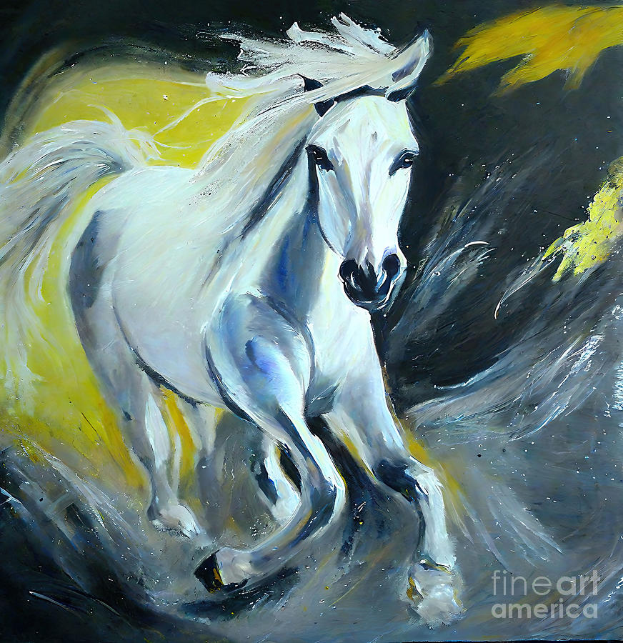 Abstract Painting - Painting Running White Horse background brush wal by N Akkash