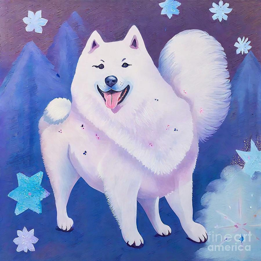 Winter Painting - Painting Samoyed dog animal pet cute puppy backgr by N Akkash