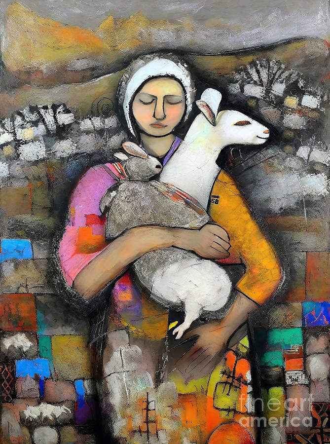 Fantasy Painting - Painting Sergey Khachatryan With Lamb 60x80cm Oil by N Akkash