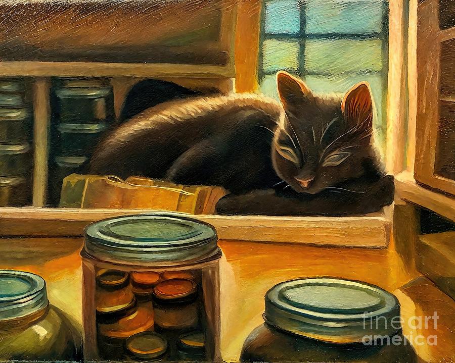 Cat Painting - Painting Sleeping Cat pet cute mammal cat animal  by N Akkash