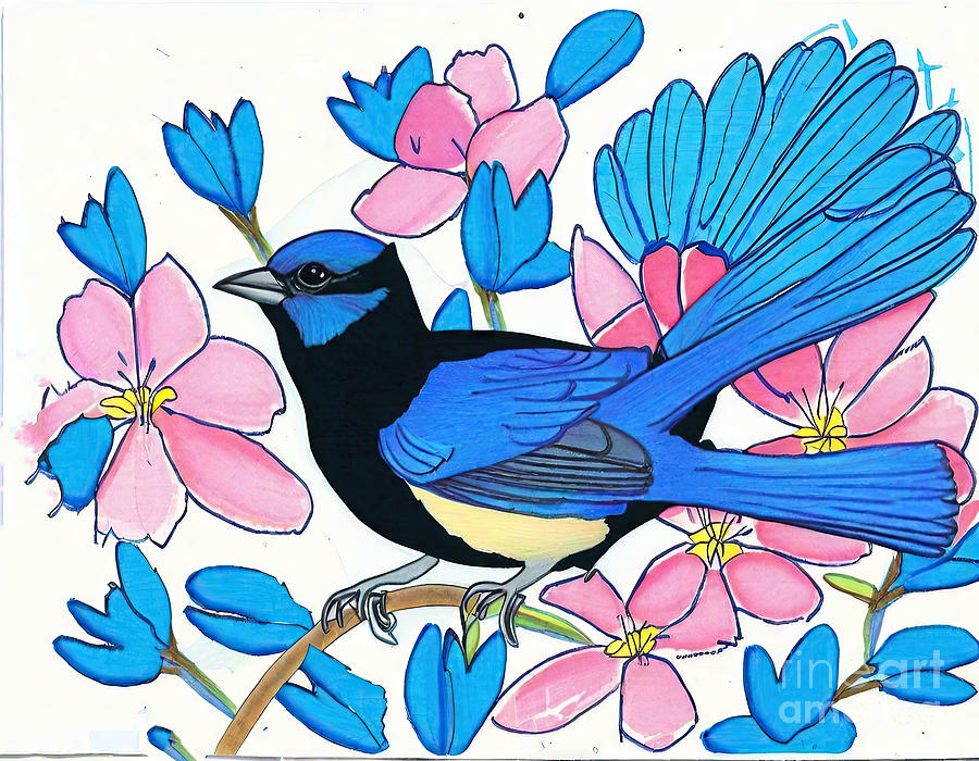 Nature Painting - Painting Splendid Fairywren And Clematis nature a by N Akkash