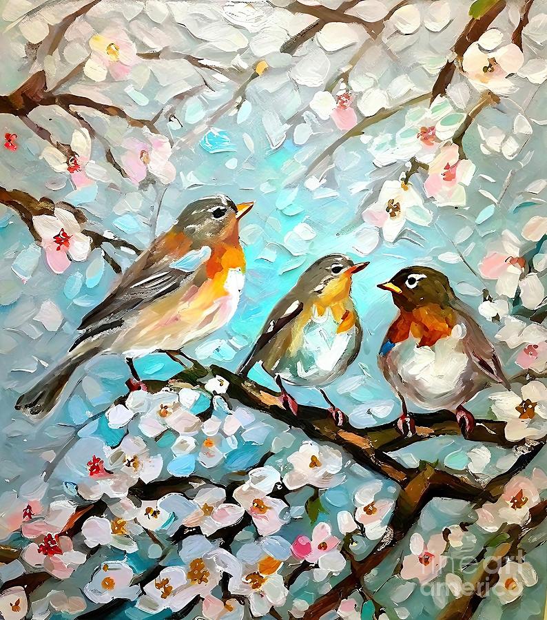 Nature Painting - Painting Spring In London Park Robins Red Breaste by N Akkash