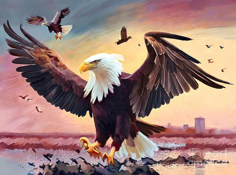 Eagle Painting - Painting Sunset On The Lake And Eagle Attack eagl by N Akkash