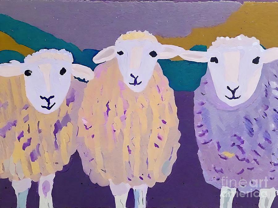 Sheep Painting - Painting The Three Sisters sheep animal cute wool by N Akkash