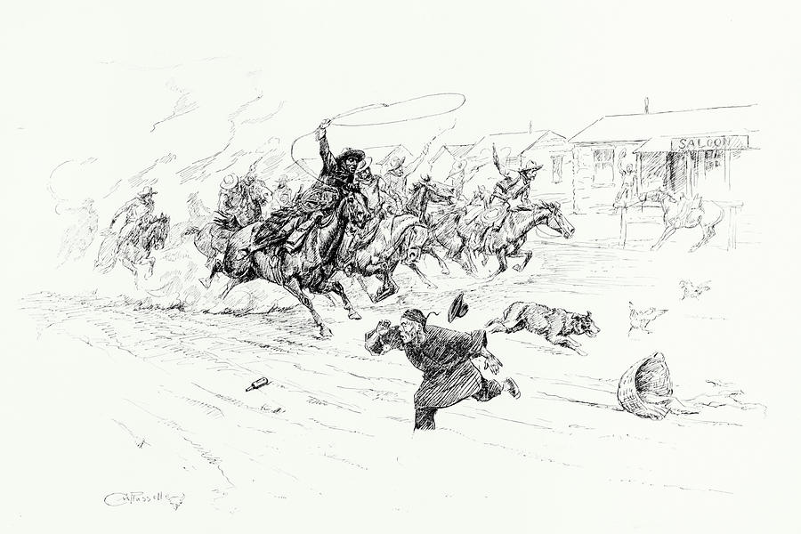Charles Marion Russell Drawing - Painting the Town, 1899 by Charles M Russell
