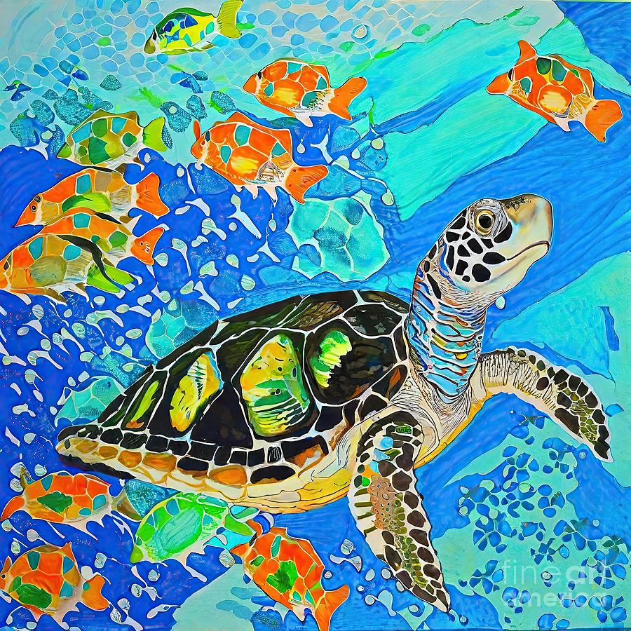 Nature Painting - Painting Turtle In The Aquarium sea blue animal n by N Akkash