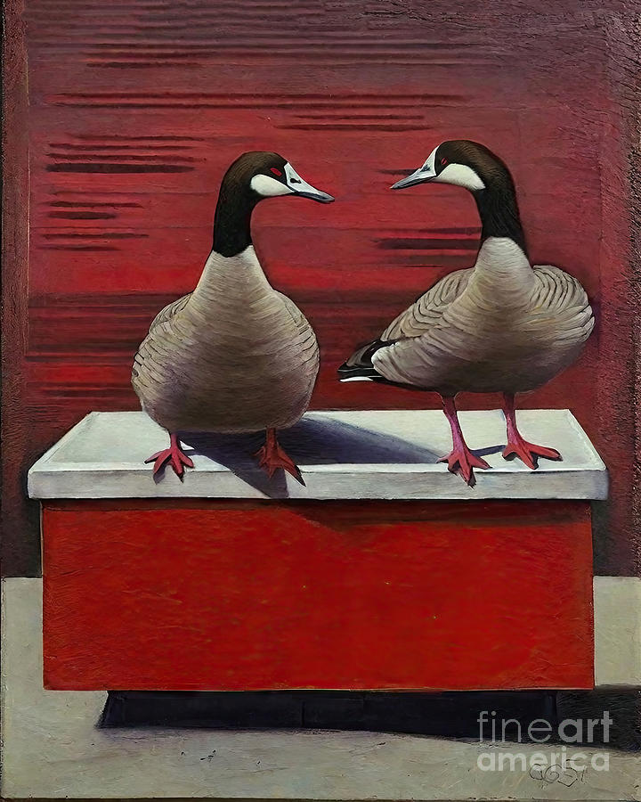 Nature Painting - Painting Two Geese Near The Red Wall animal natur by N Akkash
