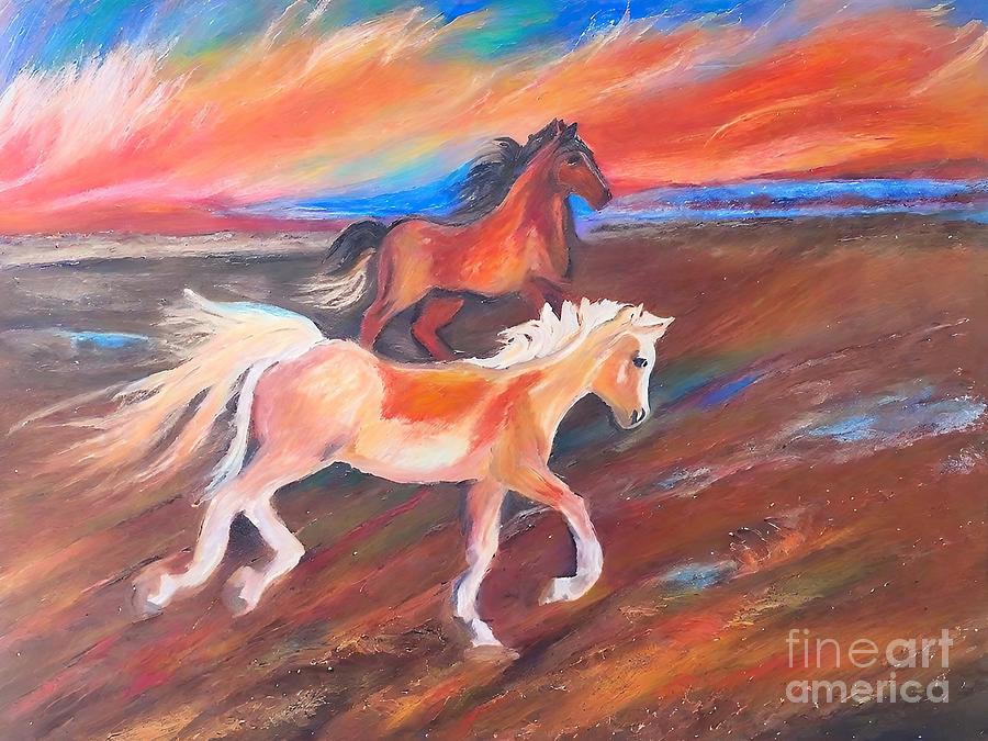 Nature Painting - Painting Two Horses By The Sea nature background  by N Akkash