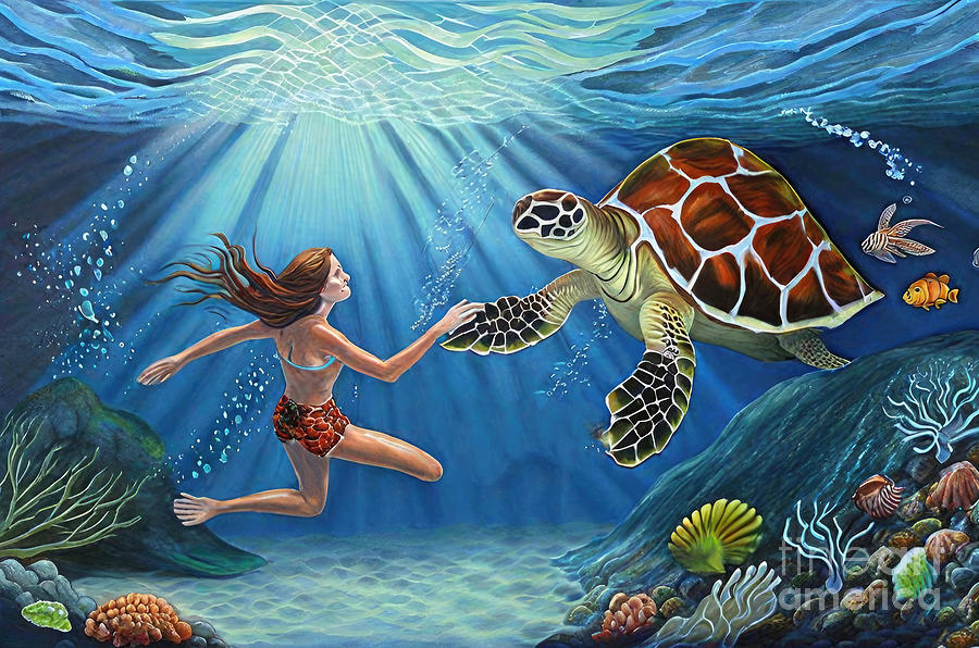 Turtle Painting - Painting Under The Sea turtle aquatic background by N Akkash