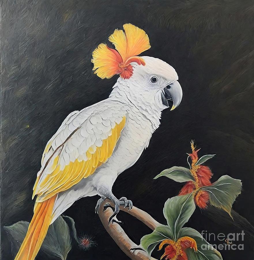 Nature Painting - Painting White Cockatoo bird art nature beautiful by N Akkash