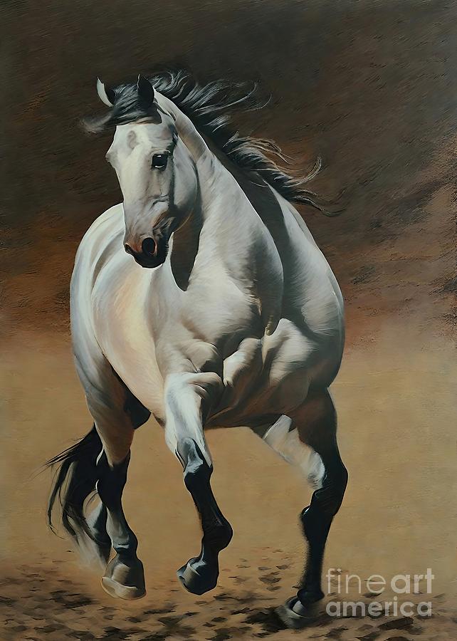Abstract Painting - Painting White Horse Painting Animal Portrait Run by N Akkash