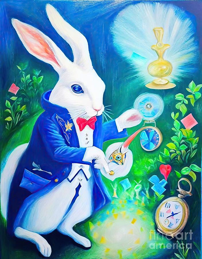 Easter Painting - Painting White Rabbit Original Painting Alice S A by N Akkash