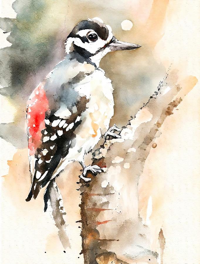 Nature Painting - Painting Woodpecker nature bird wildlife animal w by N Akkash
