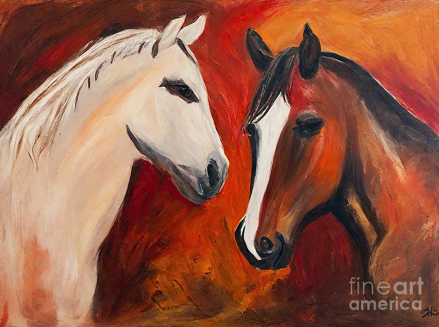 Abstract Painting - Painting Yin Yang Horses Racing Animalistic Oil P by N Akkash