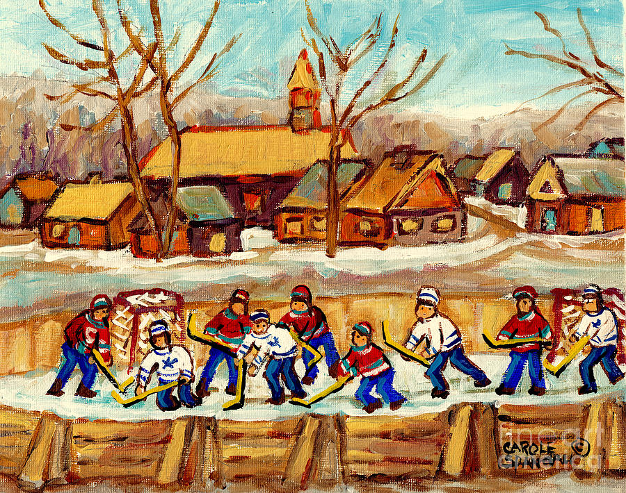 Paintings Of Kids Outdoor Hockey Rinks Pretty Village Winter Scenes Canadian Artist Carole Spandau Painting by Carole Spandau