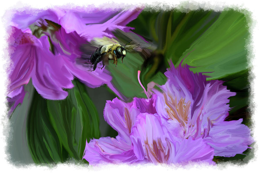 Paintograhy of bummbel and and Rhododendron flower Photograph by Dan Friend