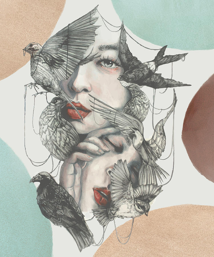 Abstract Drawing - Paintography Double Exposure Portrait Of An Elegant Woman With A Flock Of Birds Flying Around by Mounir Khalfouf