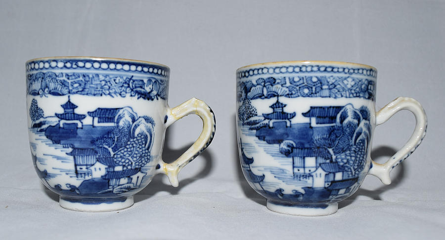 Pair of 18th Century Blue and White Cup Coffee Cans - Chinese Export  - Temples Photograph by Gaile Griffin Peers