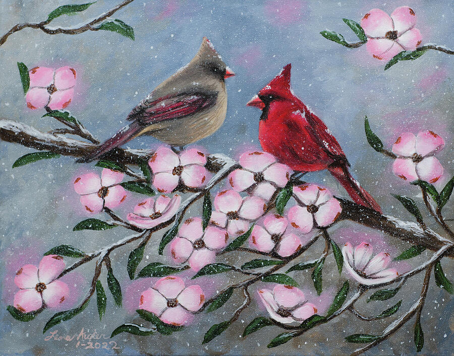 Pair of Cardinals on Dogwood Painting by Lena Auxier