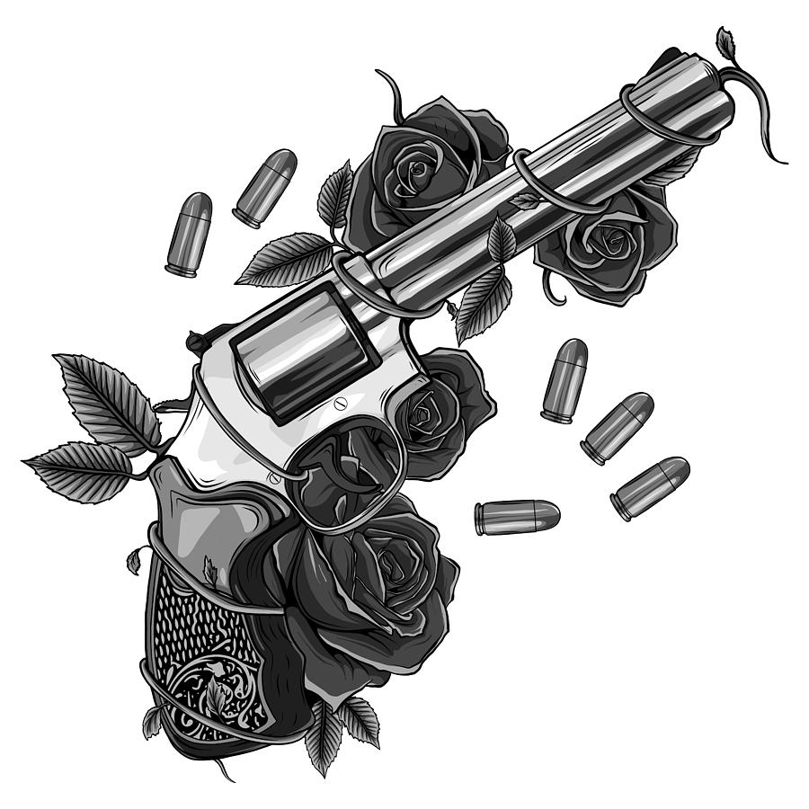 Pair of crossed guns and rose flowers drawn in tattoo style. Vector