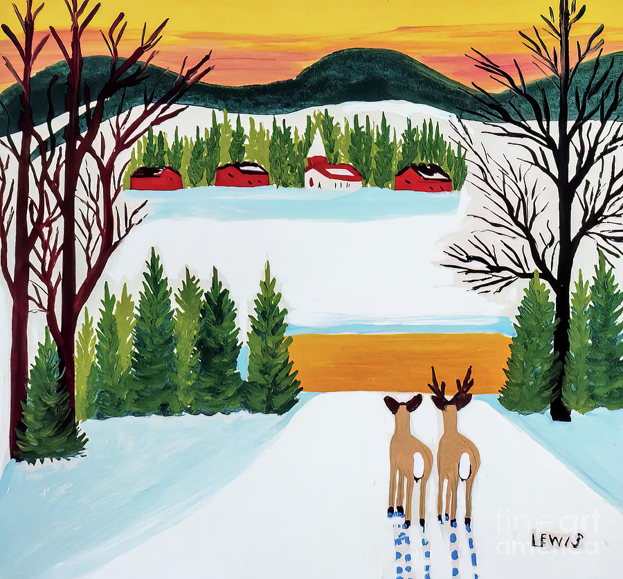 Pair of Deer Looking to Village by Maud Lewis early 1960s Painting by Maud Lewis