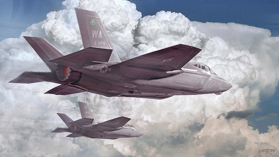 Pair of F-35s - Culmulus Clouds Digital Art by James Vaughan