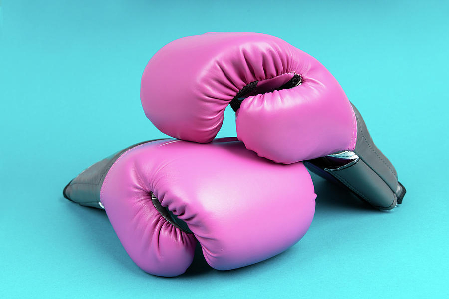 Pair Of Pink Boxing Gloves On Blue Background Photograph