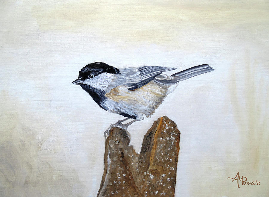 Pale Gold Chickadee Painting by Angeles M Pomata