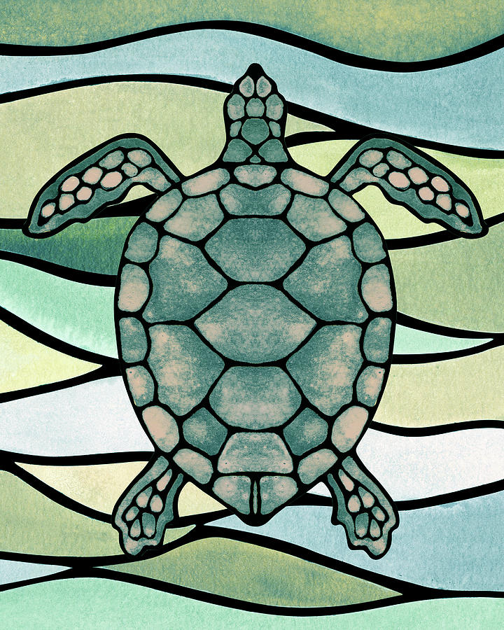Pale Green Watercolor Turtle On Wave  Painting by Irina Sztukowski