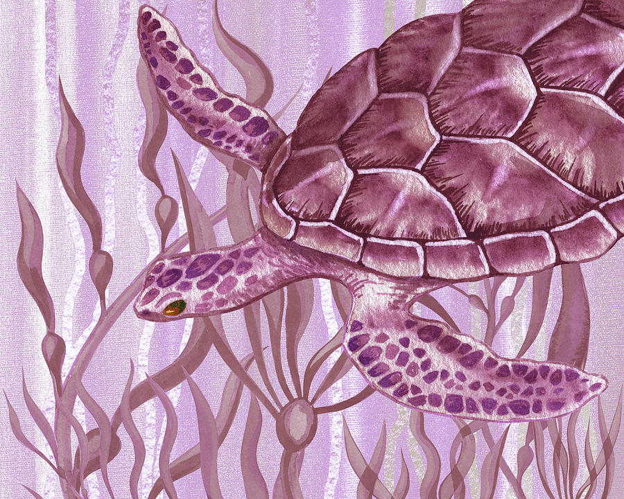 Pale Pink Purple Sea Watercolor Turtle  Painting by Irina Sztukowski