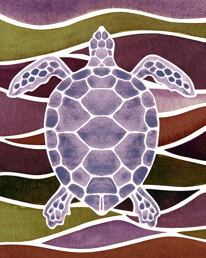 Pale Purple Turtle Watercolor With Gorgeous Batik Style Waves  Painting by Irina Sztukowski
