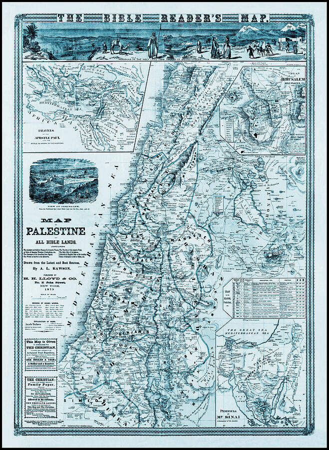 Palestine and all Bible Lands Vintage Historical Map 1873 Blue ...