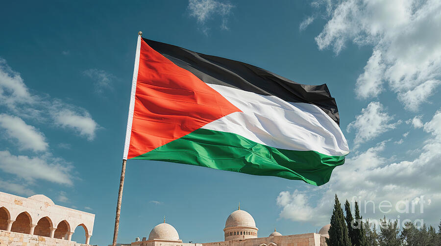 Palestinian flag waving on blue sky with mosque in background Digital Art by Benny Marty Palestinian flag waving on blue sky with mosque in background Digital Art by Benny Marty