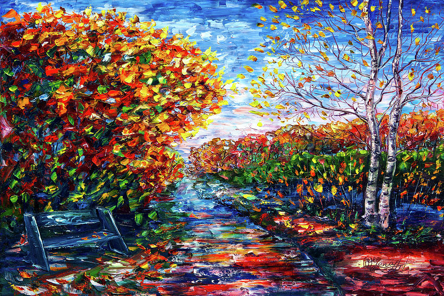 Palette knife painting of Autumn Trail with Maple Trees in the Park Painting by Lena Owens - OLena Art Vibrant Palette Knife and Graphic Design