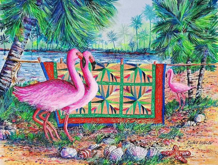 Palm Quilt Flamingos Painting by Diane Phalen