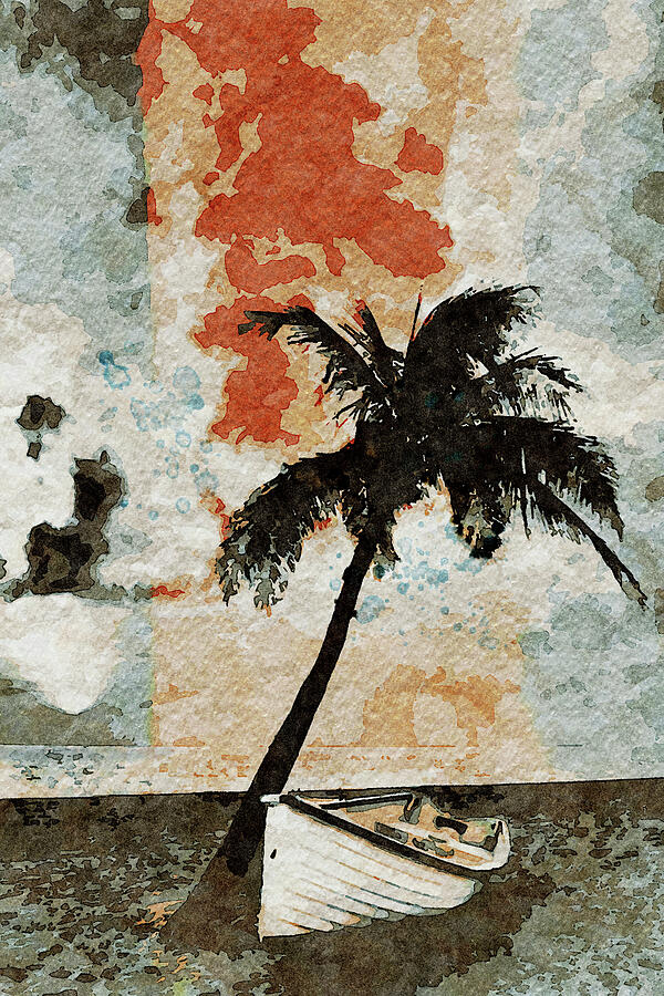 Palm Tree and Boat Abstract Watercolor Painting  Digital Art by Shelli Fitzpatrick